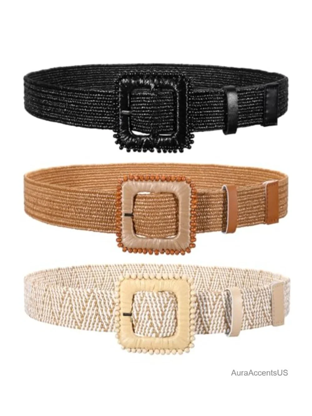 3 Pack Straw Woven Elastic Stretch Belts for Women Dress Fashion Boho Braided